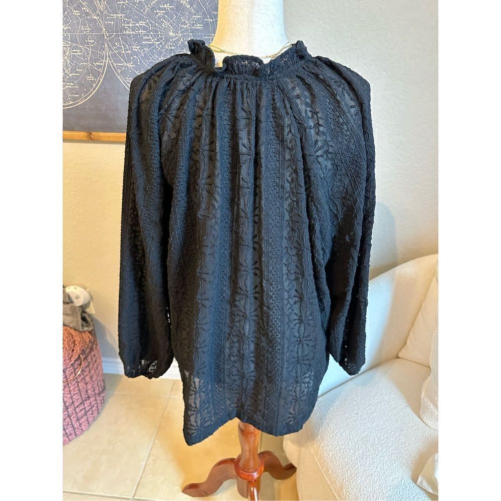 Old Navy Ruffle Trim Split Neck Lace Long Sleeve Black Top Size XXL 751746 - Picture 2 of 9